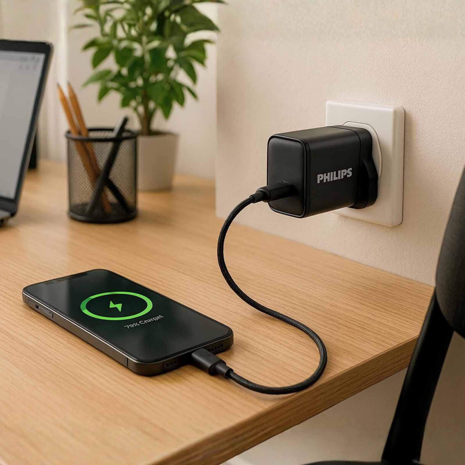 PHILIPS Wall Charger Usb-c Max Pd30w Gan Output Uk Plug Black , Usb C To C 1m Braided Cable (65w) DLP5312NB/05-image 2