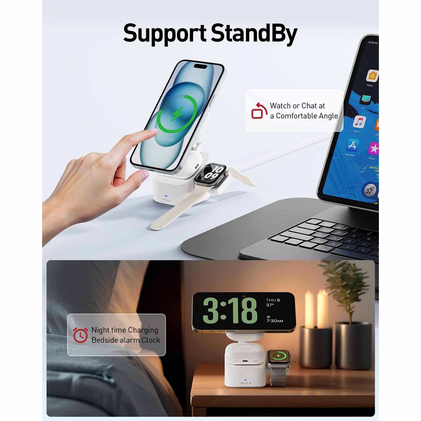 IWALK Standme Power 3-in-1 Wireless Charger White For Iphone/watch/airpods MXS007-002A-image 4