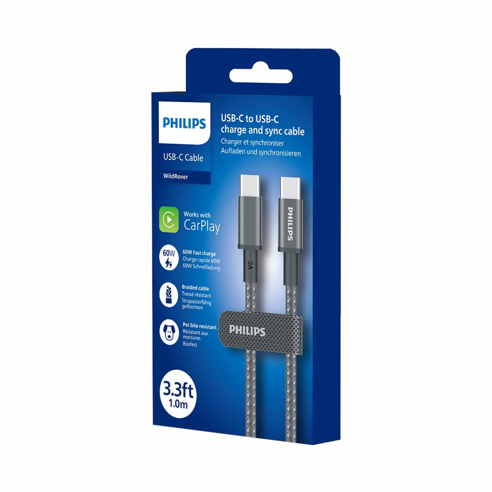 PHILIPS 60w Cable C To C - 1 Meter Black Braided 480 Mbps Sync And Charge DLC5030C/00-image 3