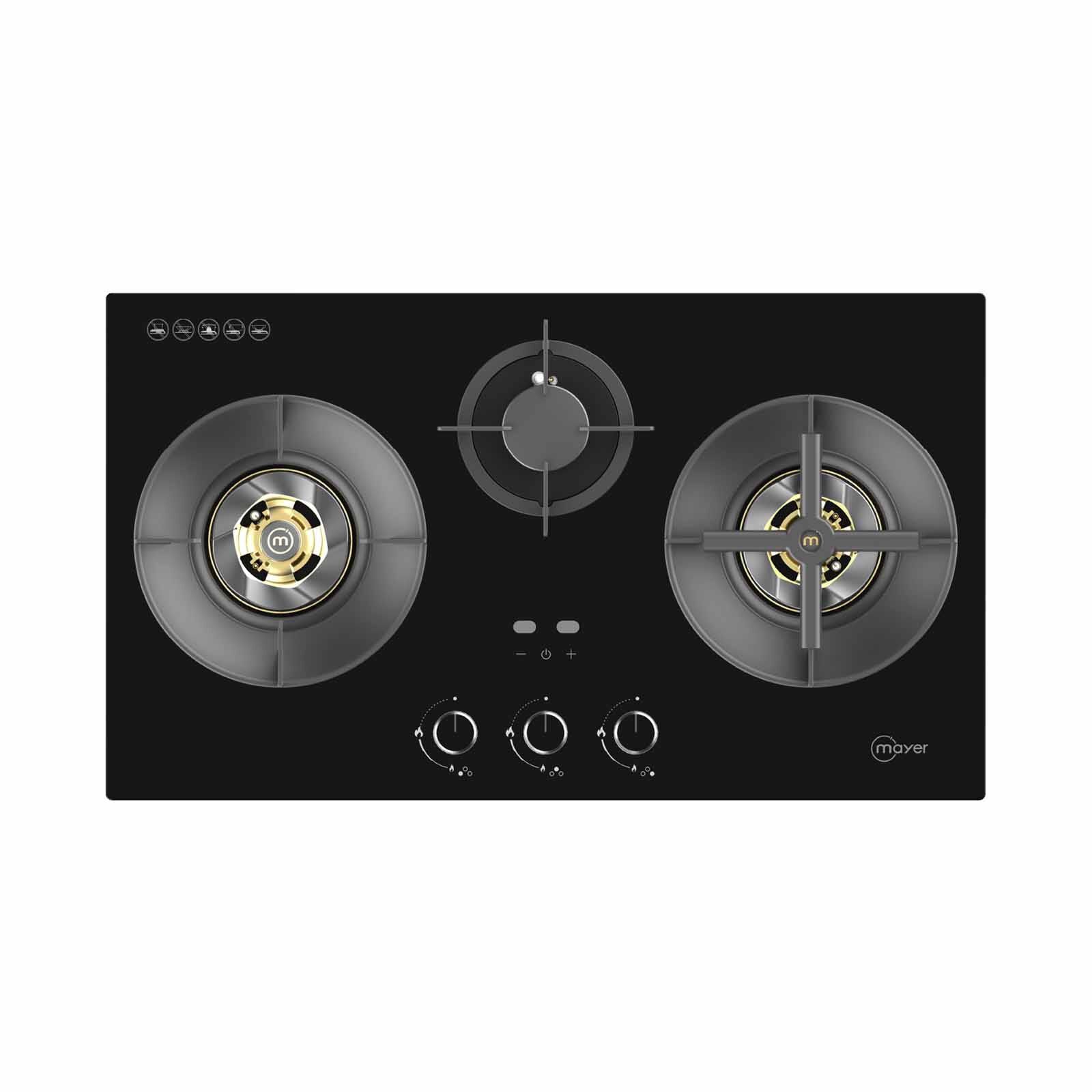 MAYER 78cm 3 Burner Gas Hob - Glass Black (lpg/pub) (exclude Installation) MMGH378HI