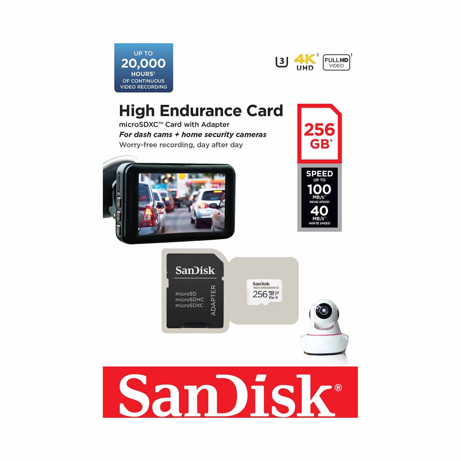 SANDISK High Endurance Microsdxc 256gb (20,000 Hrs), Uhs-i, C10, U3, V30, 100mb/s R, 40mb/s W, Sd Adaptor SDSQQNR-256G-GN6IA-image 2