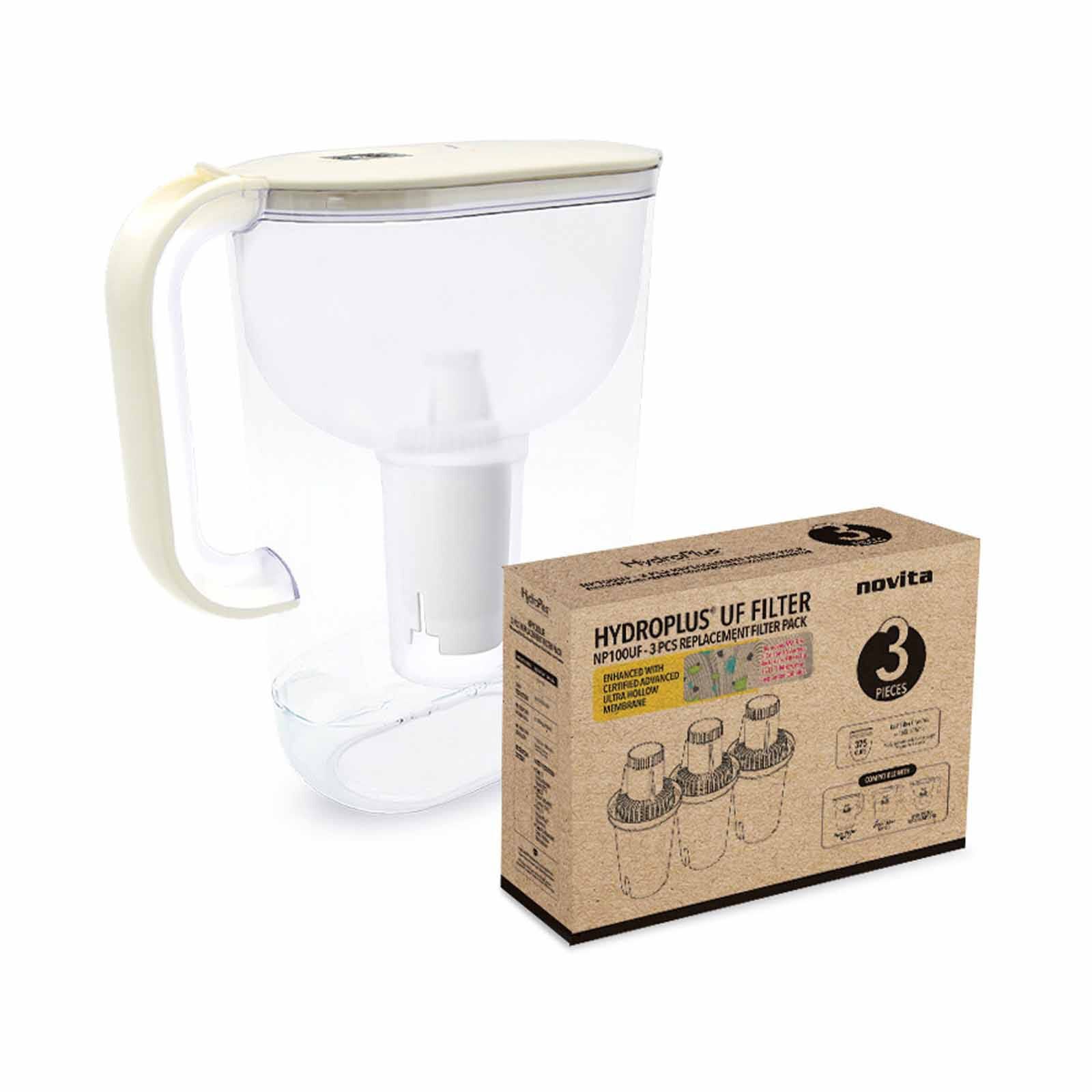 NOVITA Water Pitcher Classic Cream Hydroplus & Uf Filter Pack NP100CUF BUNDLE
