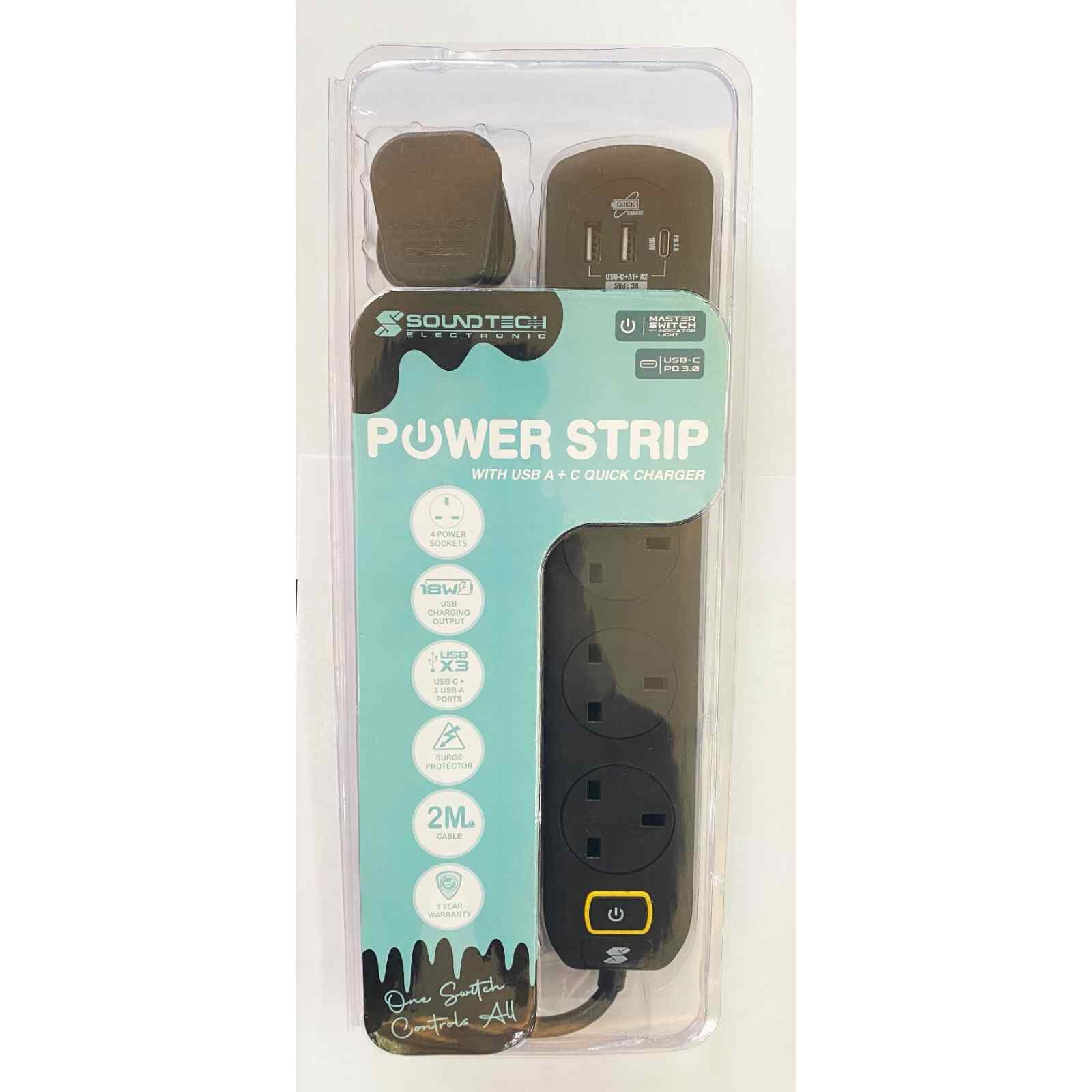 SOUNDTEOH Power Strip With Usb A + C Quick Charger MS-641/BLACK-image null