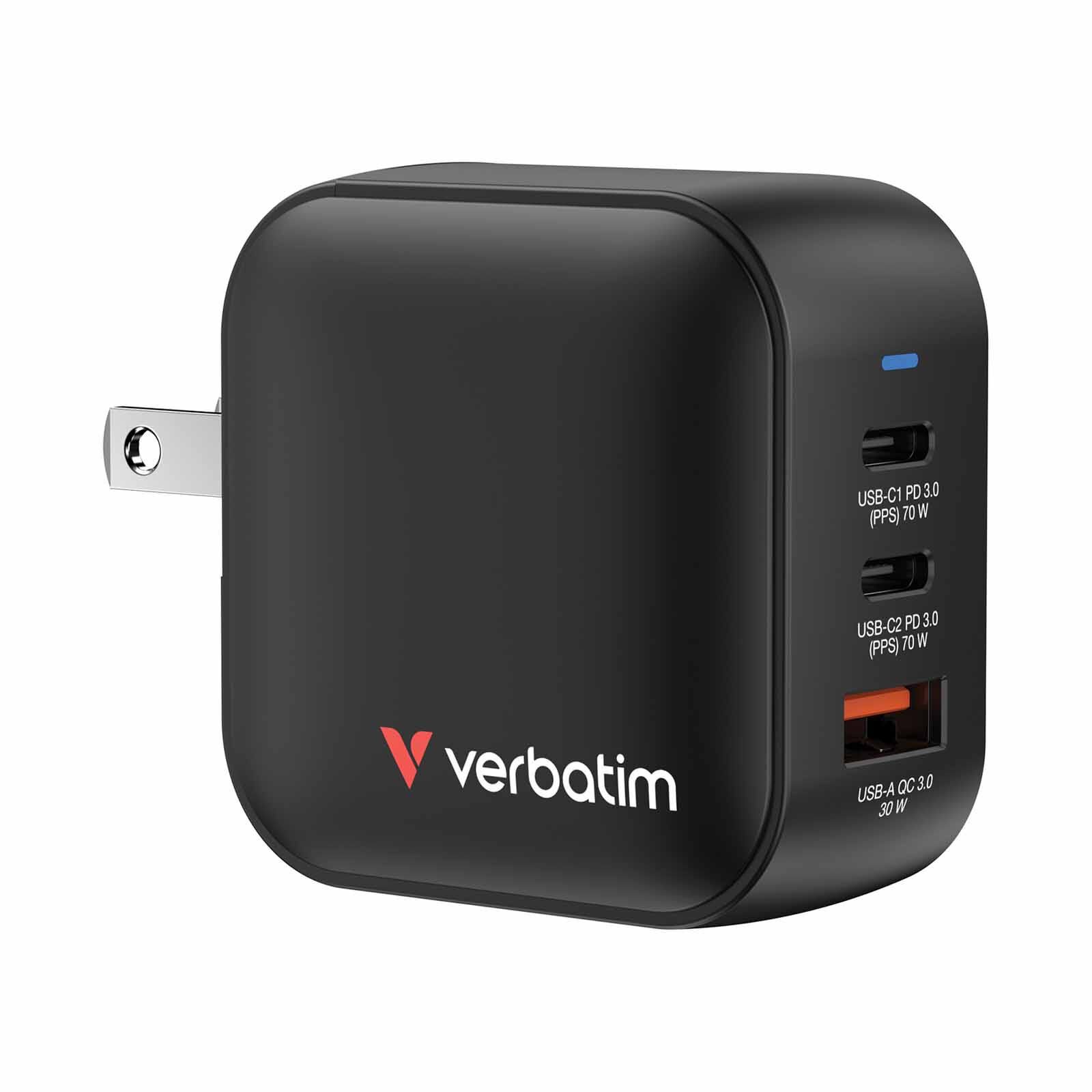 VERBATIM Mini Gan Charger 70w 3 Port Us Plug W Eu And Uk Adapter VM32229
