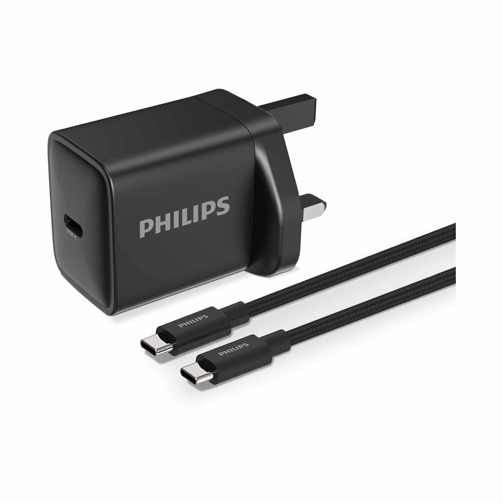 PHILIPS Wall Charger Usb-c Max Pd45w Gan Output Pps Uk Plug Black , Usb C To C 1m Braided Cable (65w) DLP5313NB/05-image 1