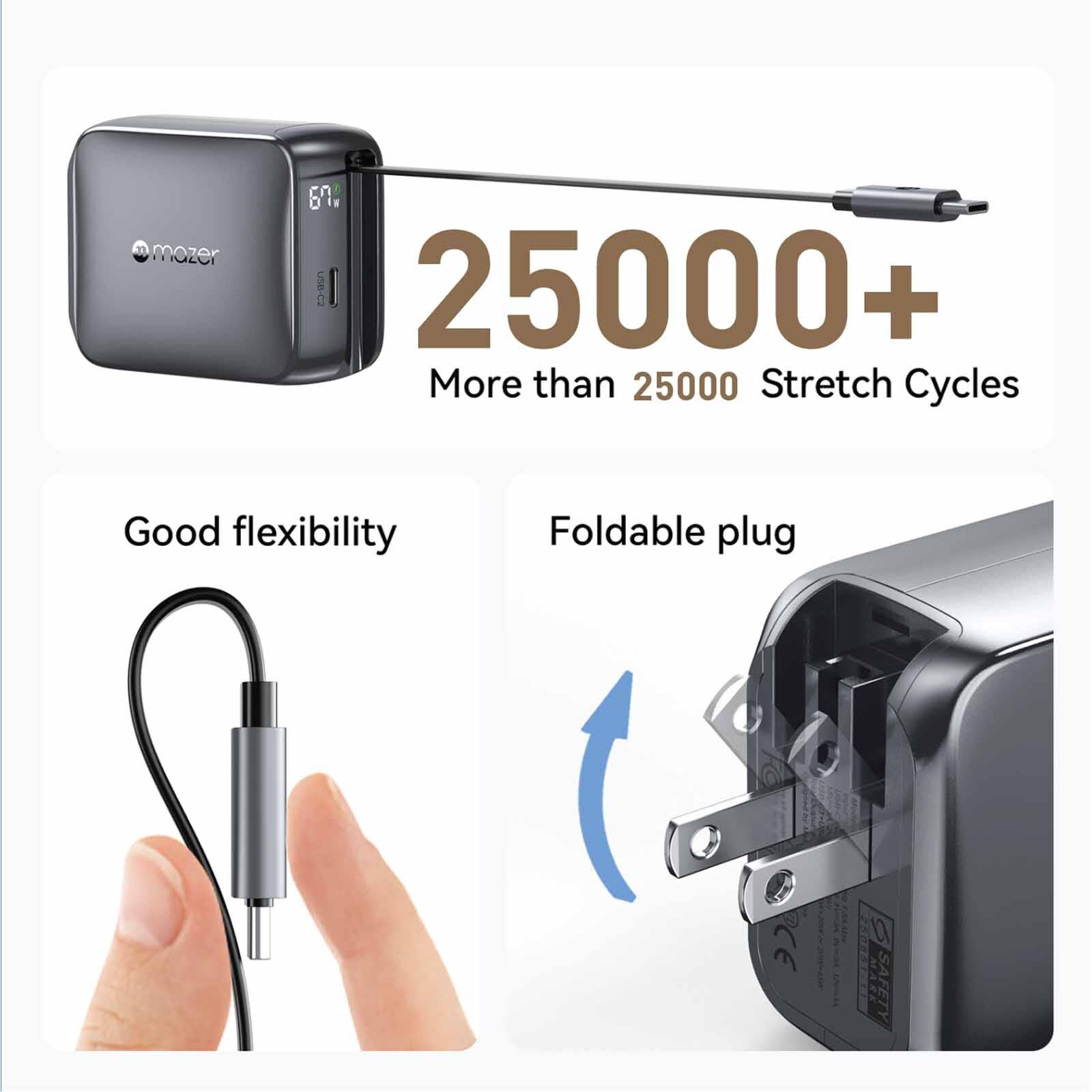 MAZER Prestigegan Pd67w Retracble-c 70cm+1c W Us+uk Travel Charger-blackgrey M-G67W-R6-BG-image 2